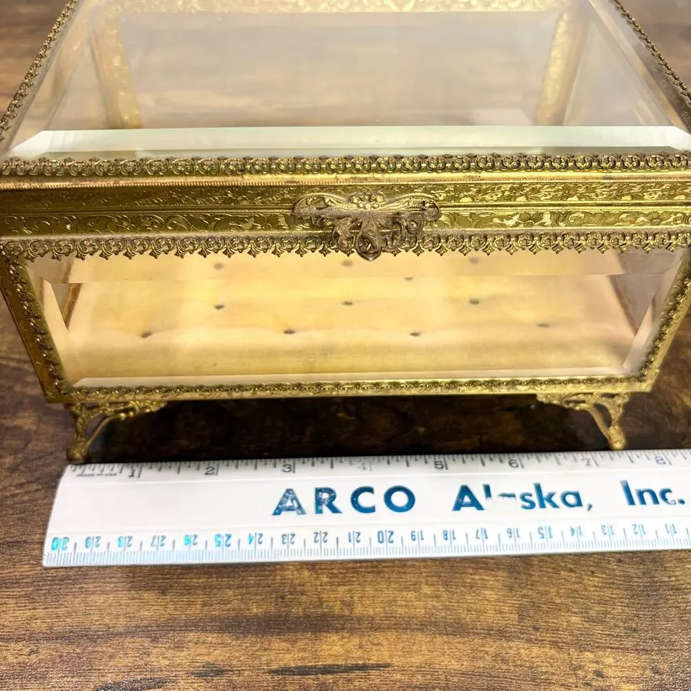 Vintage French Jewelry Box Footed Casket Ormulu Filigree Beveled Glass Regency
